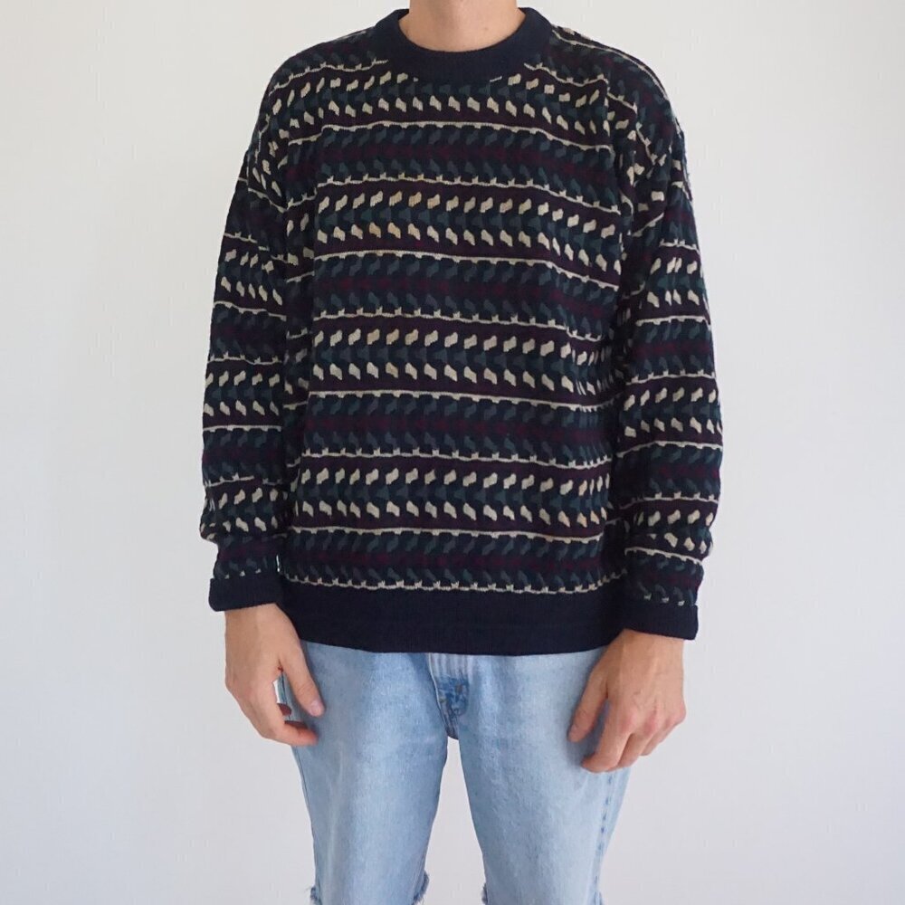 Vintage Royal Knight Navy Multi-Color Acrylic Sweater Retro Pattern Large